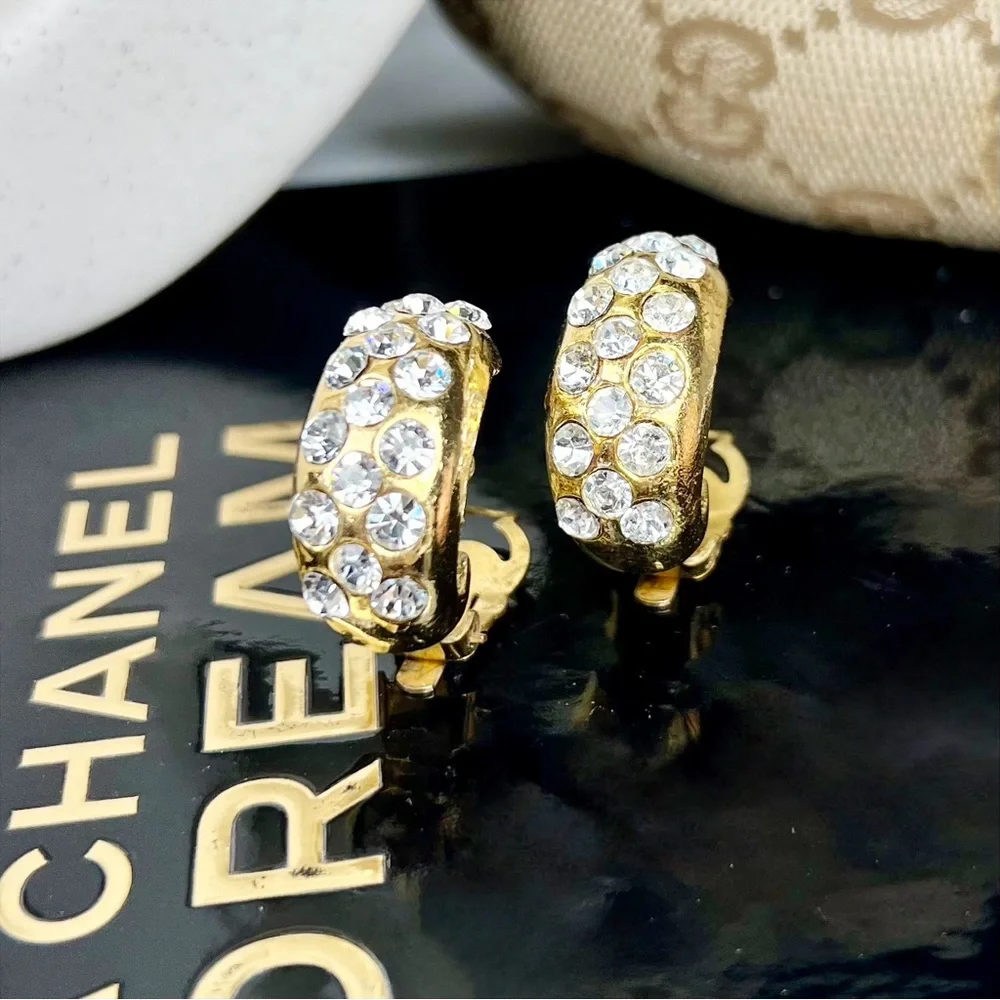 Chanel Vintage Crystal & Gold Plated Half Moon Clip-On Earrings